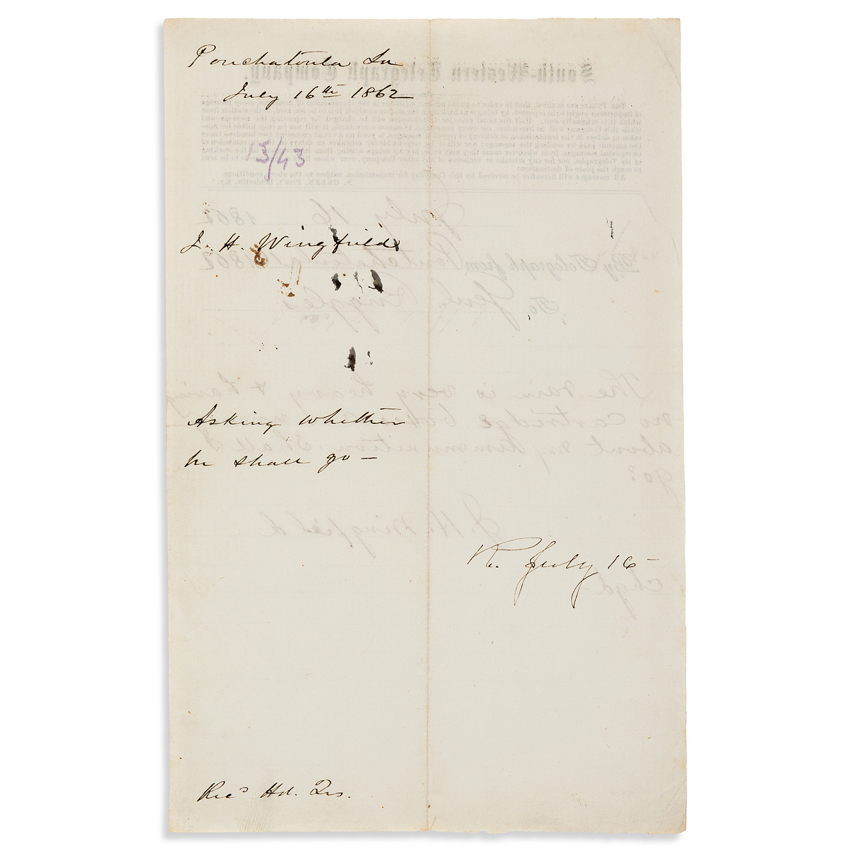 (CIVIL WAR--CONFEDERATE.) James H. Wingfield. Telegram to David Ruggles, apparently docketed by him on verso.